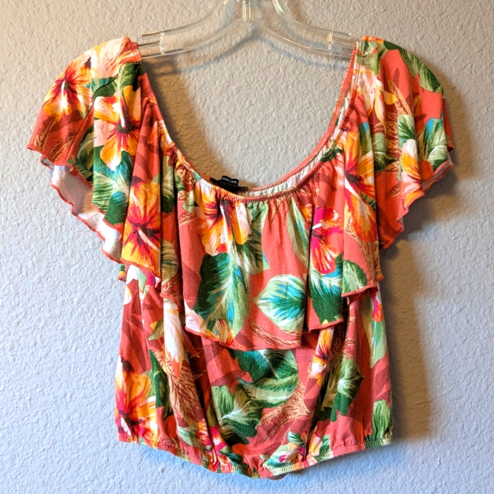 Forever 21 Ruffled Pink and Green Blouse On Or Off Shoulder Sz. L